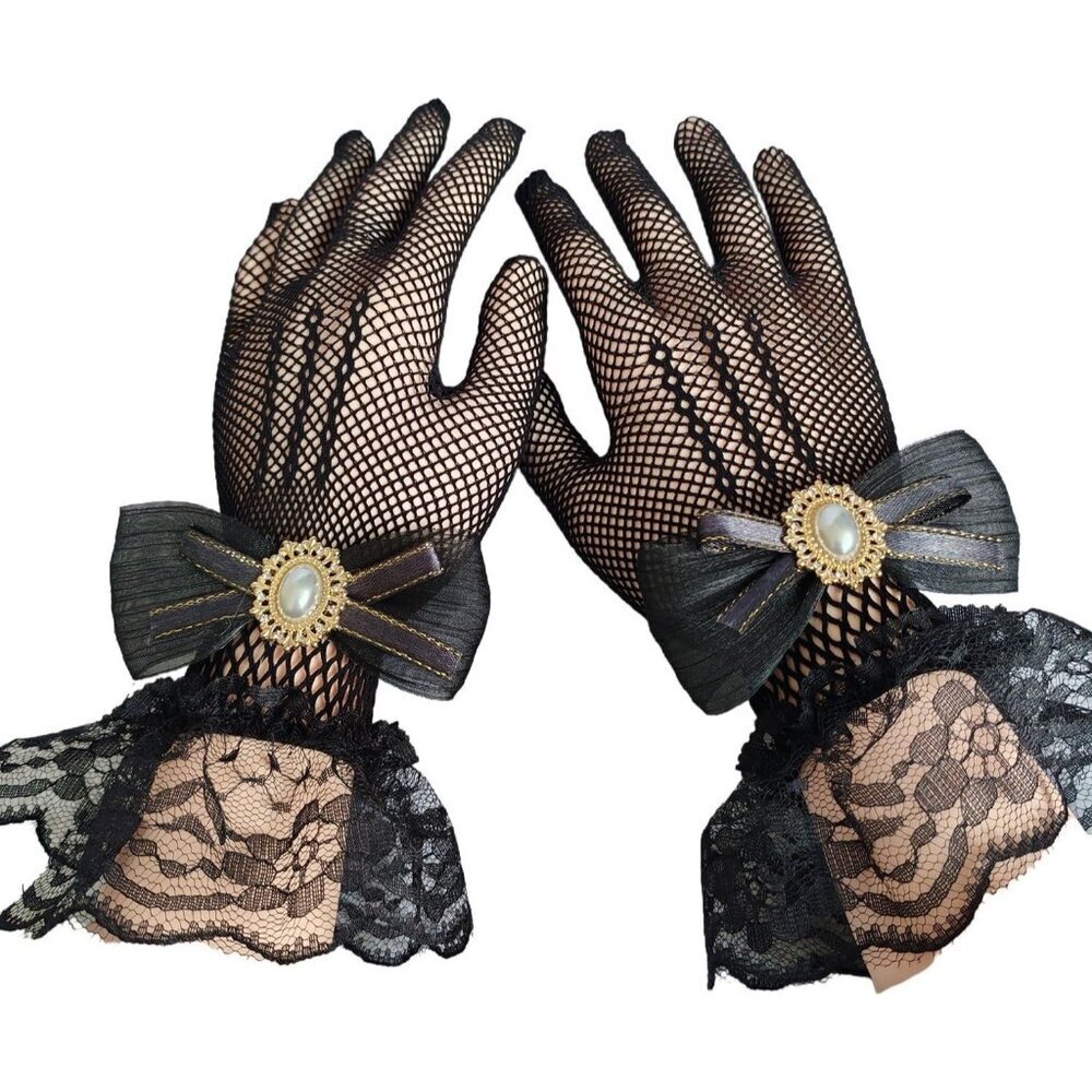 Women's Hand Sleeve Black Bow Lace Gloves Wedding Halloween Costume Party Prom